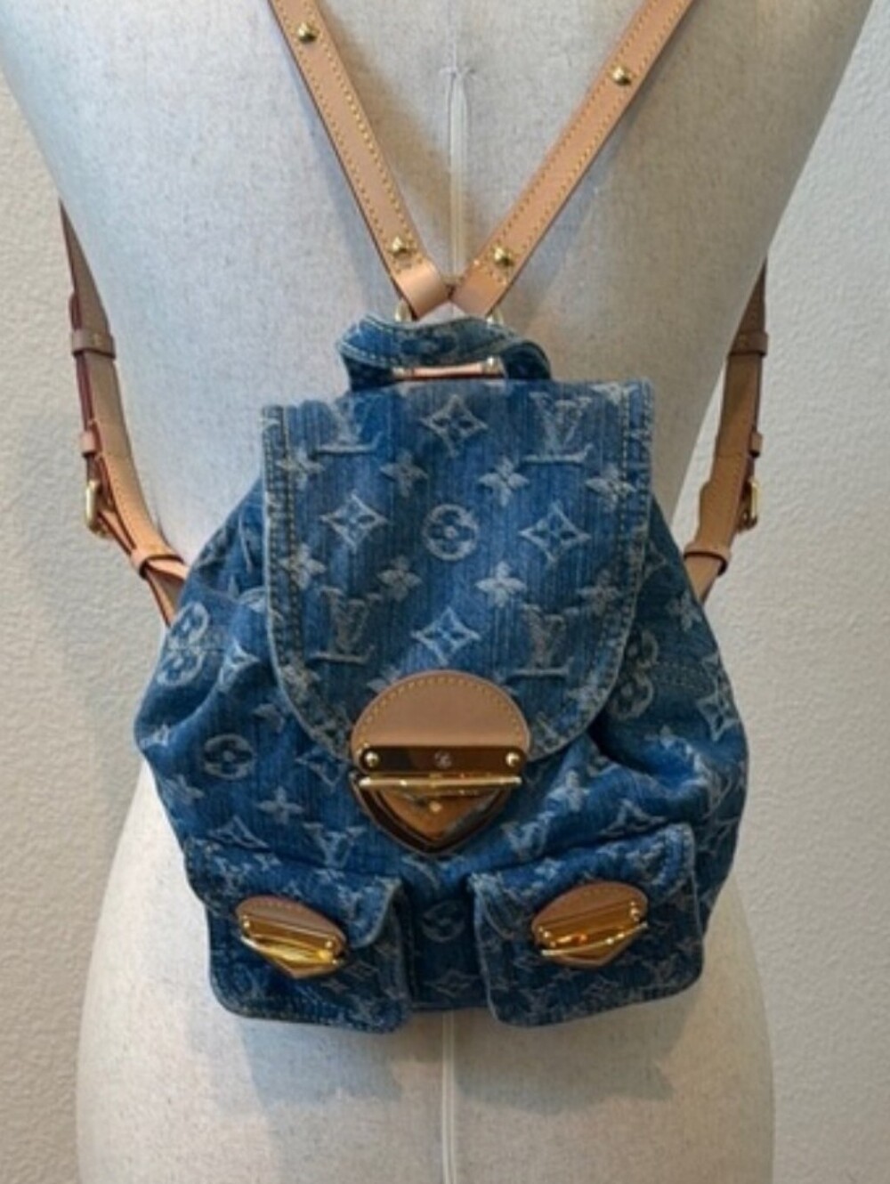 Cotton Remix Blue Monogram Denim Midi Backpack Tan Trim - Picture 5 of 16